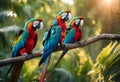 three colorful parrots sitting on top of a tree branch Royalty Free Stock Photo