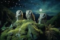 AI generated illustration of three wise owls perched atop a hill covered in lush green moss