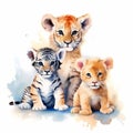 AI generated illustration of three young African lions in watercolor Royalty Free Stock Photo