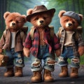 AI generated illustration of bears of the same species, wearing blue jeans, jackets and backpacks