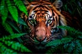 AI generated illustration of a tiger looks out from between some ferns and leaves at night