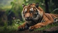 AI generated illustration of a tiger lounging near lush foliage