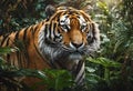 tiger peering in the jungle with leaves on his head and paws Royalty Free Stock Photo