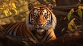 AI generated illustration of a tiger standing in the middle of a lush, green, tropical forest Royalty Free Stock Photo