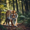 a tiger walking down a path in the jungles in Royalty Free Stock Photo