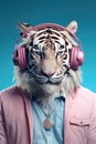 AI generated illustration of a tiger wearing headphones and sunglasses on a blue background