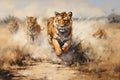 AI generated illustration of tigers running in a grassy field