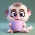 a small animal is holding up a pink cup to drink