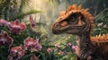 AI generated illustration of Tiny dinosaur near tropical blooms in a lush jungle Royalty Free Stock Photo