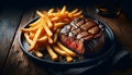 AI generated illustration of Top view of a delectable steak with golden French fries
