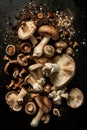 AI-generated illustration of Top view of dusty mushrooms scattered on a table with soil Royalty Free Stock Photo