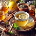 AI generated illustration of a top view of a table with two cups of tea and one with lemon tea Royalty Free Stock Photo