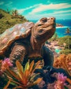 AI generated illustration of a tortoise perched on a lush, grassy hill on the coastline