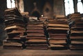 AI generated illustration of A towering pile of vintage books sits on a rustic wooden table