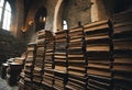 AI generated illustration of A towering pile of vintage books sits on a rustic wooden table