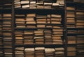 AI generated illustration of A towering pile of vintage books sits on a rustic wooden table