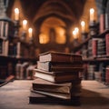 AI generated illustration of A towering pile of vintage books sits on a rustic wooden table