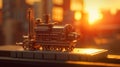 AI generated illustration of a toy train on tracks at golden hour Royalty Free Stock Photo