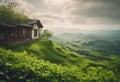 AI generated illustration of a traditional Asian-style house with a green grass roof on a hill Royalty Free Stock Photo