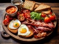 AI generated illustration of a traditional breakfast plate on a wooden surface Royalty Free Stock Photo