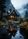 AI generated illustration of A traditional, rustic log cabin near a river Royalty Free Stock Photo