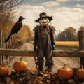 AI generated illustration of a traditional scarecrow in a field of pumpkins