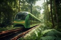 AI generated illustration of a train travelling through a picturesque landscape of lush green woods