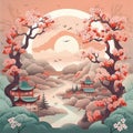 AI generated illustration of tranquil Asian landscape with a sunset, birds gliding across the sky