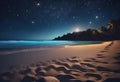 AI-generated illustration of a tranquil beach at night, footprints on sand and a starry sky above Royalty Free Stock Photo