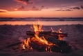 AI generated illustration of a tranquil beach scene with a campfire at sunset