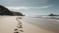 AI-generated illustration of a tranquil beach scene featuring footprints in the sand. Royalty Free Stock Photo