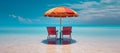 AI generated illustration of A tranquil beach with two blue lounge chairs and an umbrella