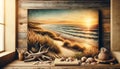AI generated illustration of A tranquil beachside view with rustic charm, featuring a golden sunset