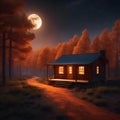 a small cabin sitting in the woods under a full moon Royalty Free Stock Photo