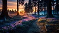 AI generated illustration of a tranquil forest glade with wildflowers Royalty Free Stock Photo