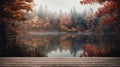 AI generated illustration of a tranquil lake adorned with a wooden dock in an autumnal setting Royalty Free Stock Photo