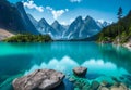 AI generated illustration of a tranquil lake surrounded by rocky mountains on a sunny day