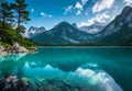 AI generated illustration of a tranquil lake surrounded by rocky mountains on a sunny day