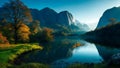 AI generated illustration of a tranquil lake surrounded by rocky mountains on a sunny day