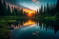 AI generated illustration of a tranquil lake surrounded by trees with backdrop of sunset - Earth Day