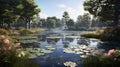 AI generated illustration of a tranquil landscape featuring a pond full of lily pads and vegetation