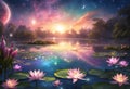 AI generated illustration of a tranquil lily pond with lush pink water lilies and lotus pads