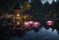 AI generated illustration of a tranquil lily pond with lush pink water lilies and lotus pads