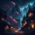 AI generated illustration of a tranquil night of a small town featuring illuminated houses