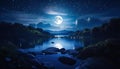 AI generated illustration of a tranquil nightscape of a river lit by the moonlight Royalty Free Stock Photo