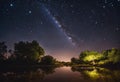 AI generated illustration of a tranquil nightscape of a river reflecting the milky way Royalty Free Stock Photo