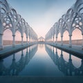 AI generated illustration of a tranquil outdoor swimming pool surrounded by elegant stone arches