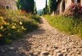 AI generated illustration of a tranquil pathway lined with a variety of vibrant, blooming shrubs