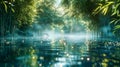 water surrounded by bamboo trees and some water lils in the water