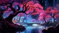 AI generated illustration of a tranquil river surrounded by lush pink trees